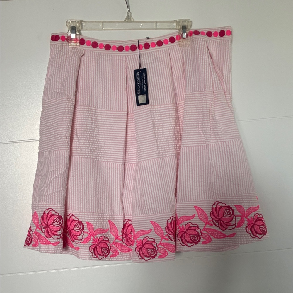 Vineyard Vines Pink Striped A-Line Skirt with Floral Design